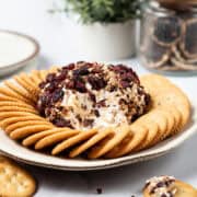 The cranberry pecan cheese ball is on a plate surrounded by crackers.