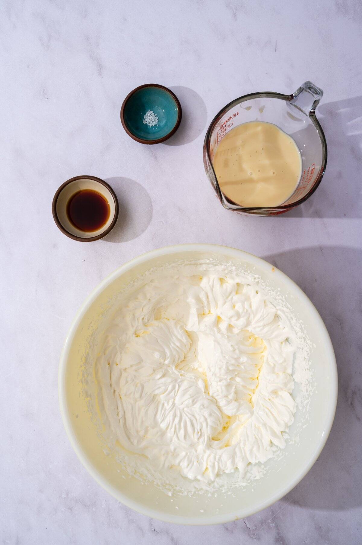 The ingredients for the no churn vanilla ice cream are laid out.