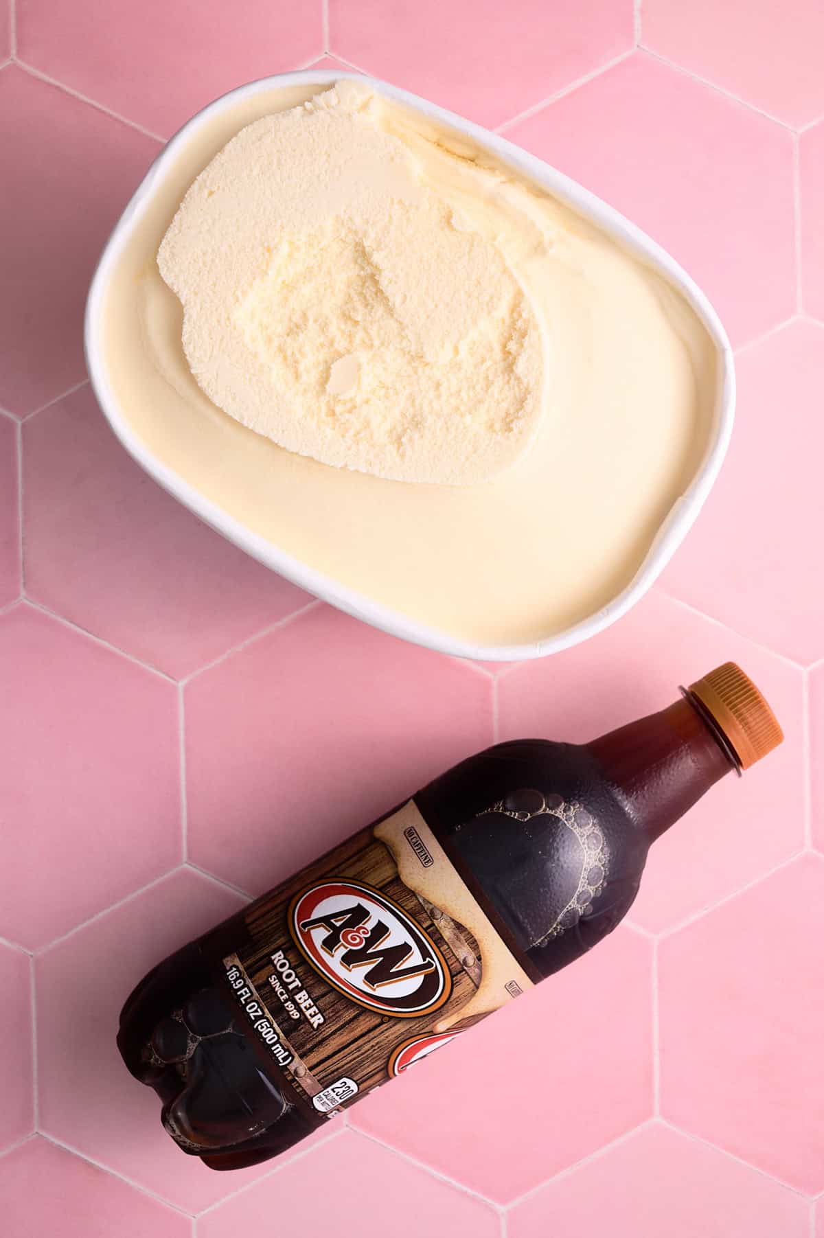 The root beer and the vanilla ice cream are laid out.