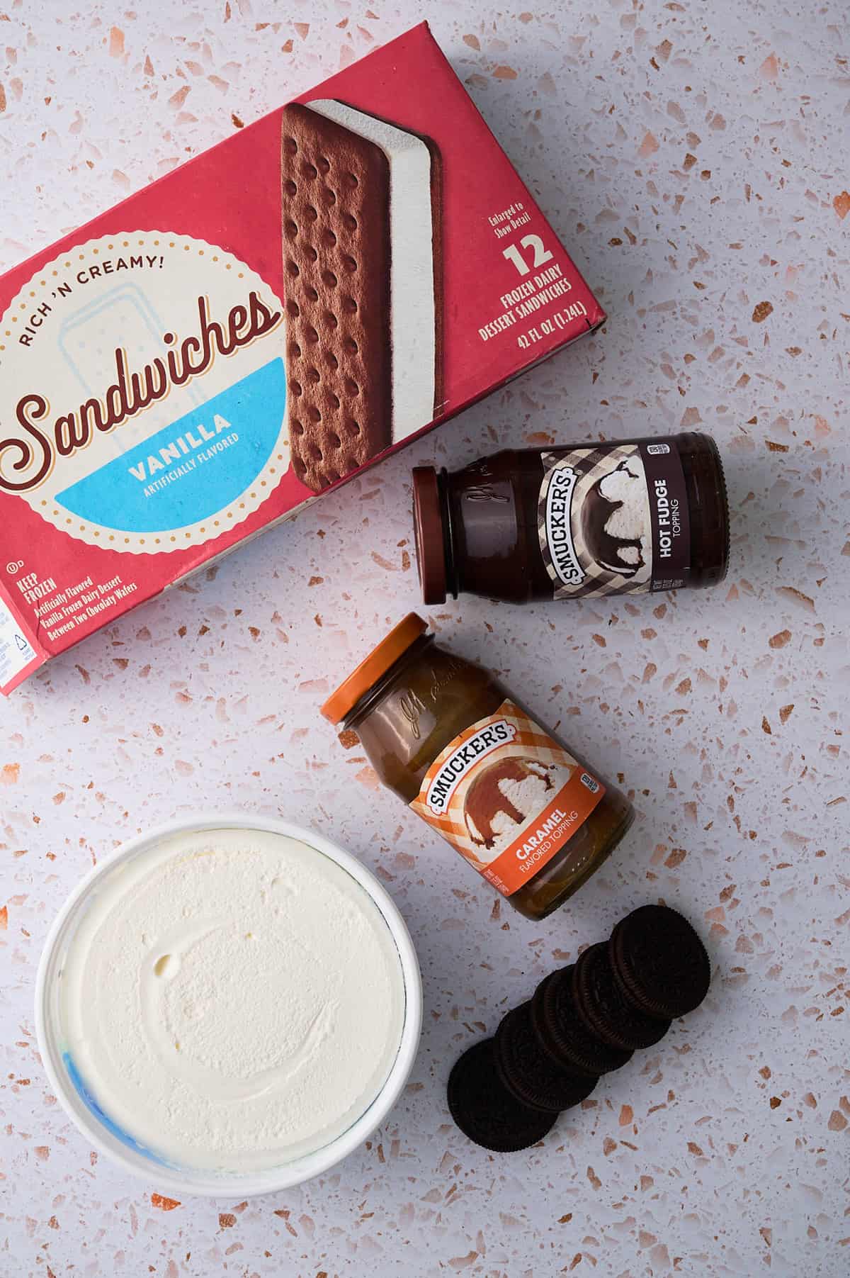 The ingredients for the ice cream sandwich cake are laid out.