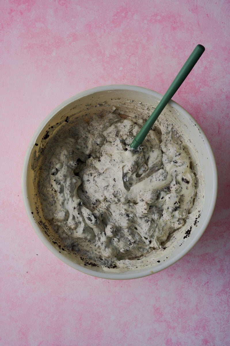 The Oreo fluff is in a large mixing bowl.
