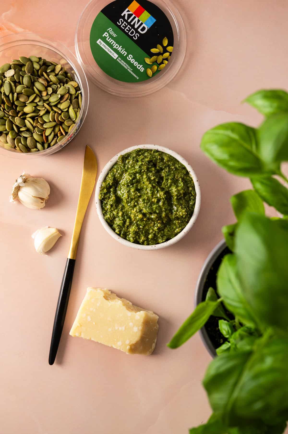 The ingredients for the pumpkin seed pesto are laid out.